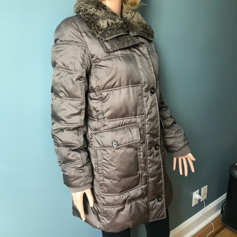 Lands End Down Faux Fur Collar Metallic Brown Coat NWOT Small (6-8)